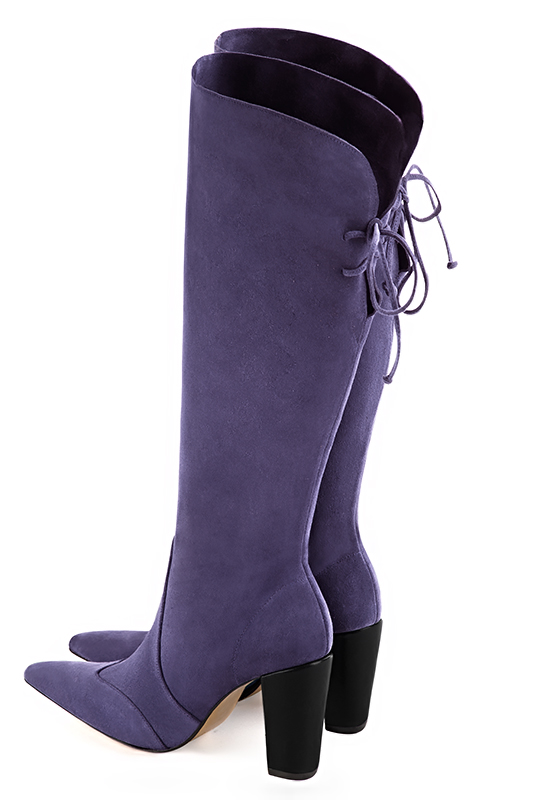 Lavender purple women's knee-high boots, with laces at the back. Tapered toe. Very high block heels. Made to measure. Rear view - Florence KOOIJMAN